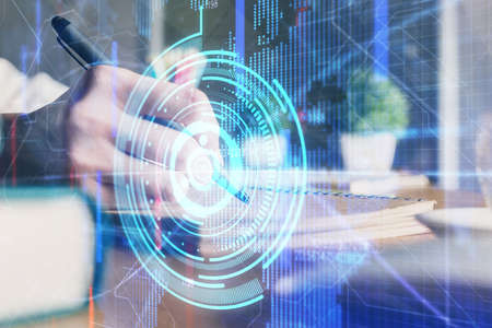 Double exposure of womans hands on background with technology and digital coding icons. Data...