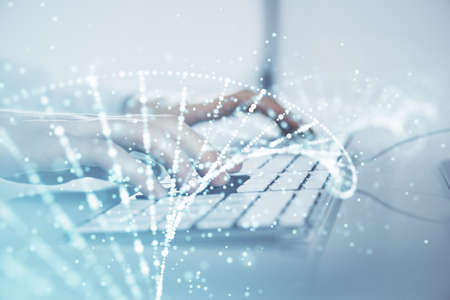 DNA hologram with businessman working on computer on background. Concept of bioengineering. Double...