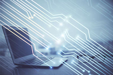 Double exposure of computer and technology theme hologram. Concept of freelance work.