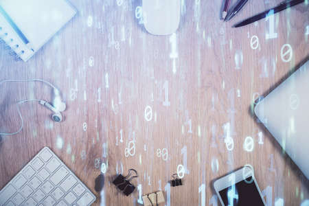 Multi exposure of technology theme drawing over work table desktop. Top view. Global data analysis concept.の写真素材