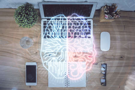 Multi exposure of brain sketch hologram over topview work table background with computer. Concept of...
