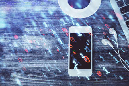 Double exposure of technology theme drawing over work table desktop. Top view. Global data analysis concept.の写真素材