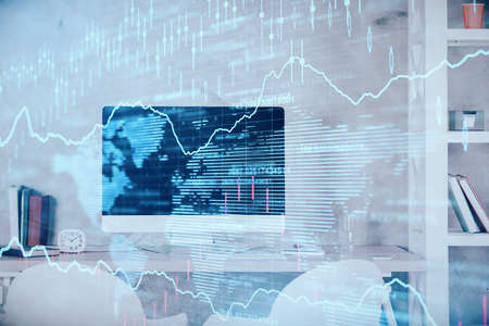 Multi exposure of stock market chart drawing and office interior background. Concept of financial...
