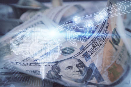 Double exposure of brain drawing over us dollars bill background. Technology concept.の写真素材