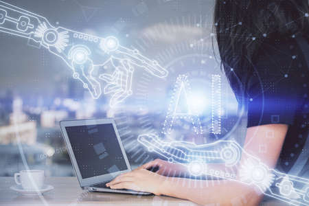 Multi exposure of woman hands working on computer and data theme hologram drawing. Tech concept.の写真素材
