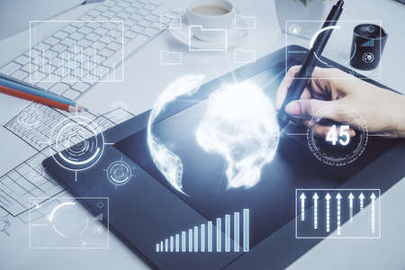 Double exposure of financial graph sketch hologram and woman holding and using a mobile device. Stock exchange concept.の写真素材