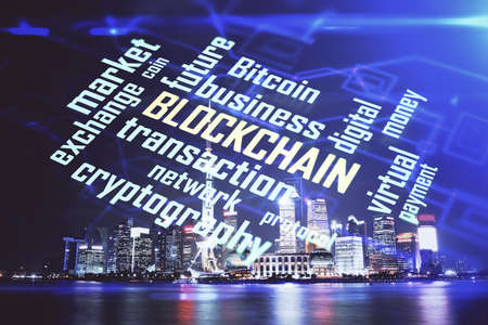 Multi exposure of cryptocurrency theme hologram drawing and city veiw background. Concept of...