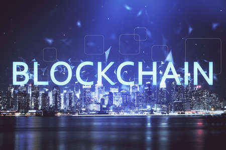Multi exposure of cryptocurrency theme hologram drawing and city veiw background. Concept of...