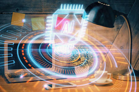 Multi exposure of desktop with computer on background and tech theme drawing. Concept of big data.