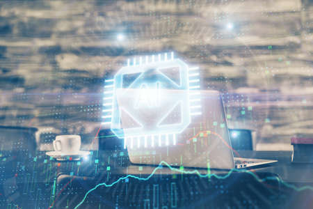 Double exposure of desktop with computer on background and tech theme drawing. Concept of big data.