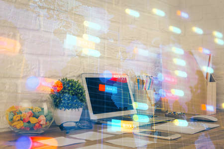 Multi exposure of desktop with personal computer and tech theme drawing. Concept of Bigdata.