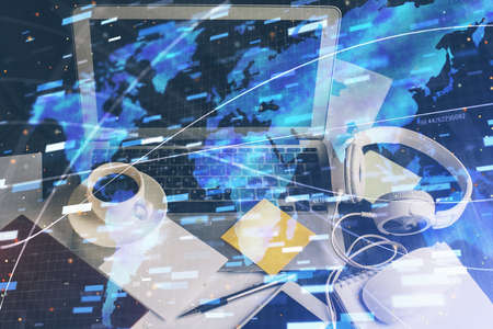 Double exposure of desktop with computer on background and tech theme drawing. Concept of big data.の写真素材