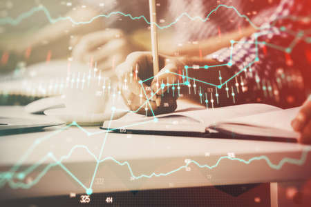 Multi exposure of two men planing investment with stock market forex chart background. Concept of...
