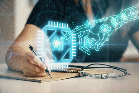 Multi exposure of womans writing hand on background with data technology hud. Concept of innovation.