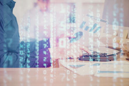Multi exposure of tech drawings with man working on computer background. Concept of innovation.