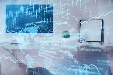 Multi exposure of stock market chart drawing and office interior background. Concept of financial...