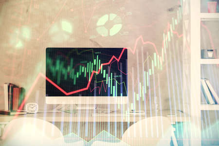 Multi exposure of stock market chart drawing and office interior background. Concept of financial...