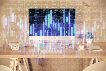 Multi exposure of financial graph drawing and office interior background. Concept of market...