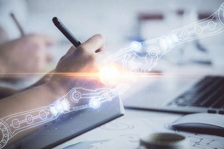 Double exposure of data theme sketch drawing over people writing background. Concept of technology