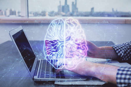 Double exposure of man hands typing on computer with credit card and brain theme drawing. E-commerce and AI concept.の写真素材