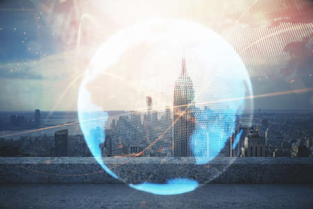 Double exposure of business theme hologram drawing and city veiw background. Concept of success.の写真素材