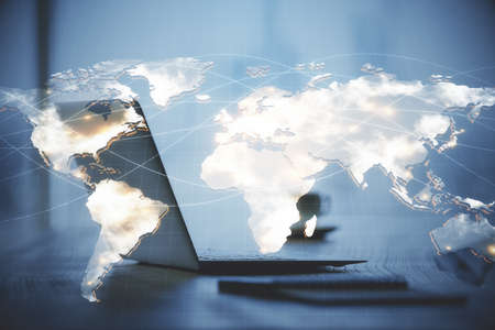 Double exposure of business theme icons and work space with computer background. Concept of success.の写真素材