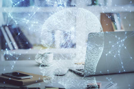 Double exposure of work table with computer and brain sketch hologram. Brainstorming concept.