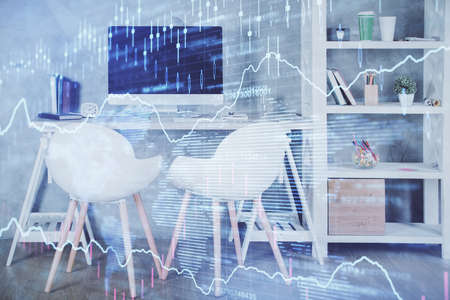 Multi exposure of stock market chart drawing and office interior background. Concept of financial analysis.の写真素材