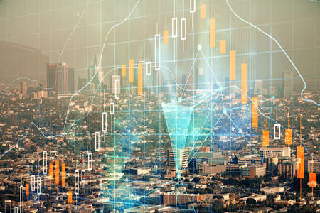 Forex chart on cityscape with skyscrapers wallpaper double exposure. Financial research concept.
