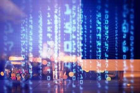 Multi exposure of desktop with computer on background and tech theme drawing. Concept of big data.