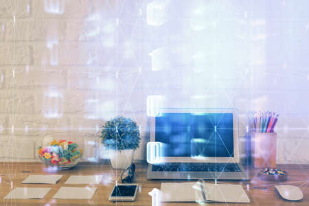 Multi exposure of desktop with personal computer and tech theme drawing. Concept of Bigdata.の写真素材