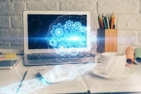 Double exposure of desktop with personal computer on background and tech theme drawing. Concept of...