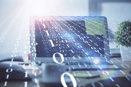 Double exposure of computer and technology theme hud. Concept of innovation.