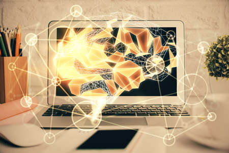 Double exposure of work space with computer and human brain drawing hologram. Brainstorm concept.
