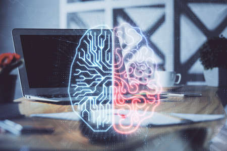 Double exposure of work table with computer and brain sketch hologram. Brainstorming concept.の写真素材