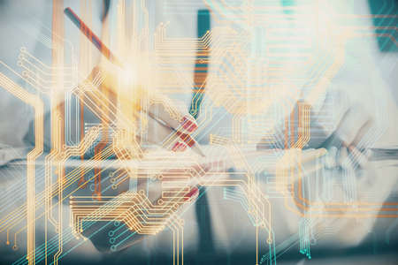 Multi exposure of hands making notes with world map hologram and data theme icons. Concept of global...
