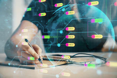Multi exposure of womans writing hand on background with data technology hud. Concept of innovation.