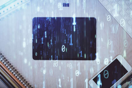 Multi exposure of technology theme drawing over work table desktop. Top view. Global data analysis...