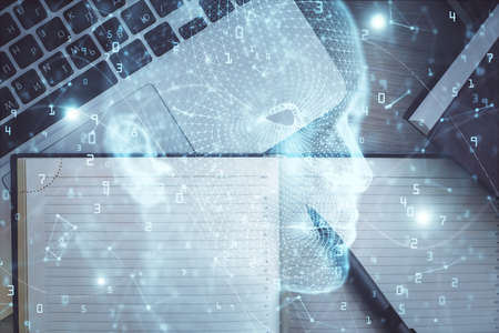 Double exposure of brain drawing hologram over topview work table background with computer. Concept...