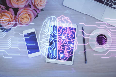 Double exposure of brain drawing over work table desktop. Top view. Global data analysis concept.