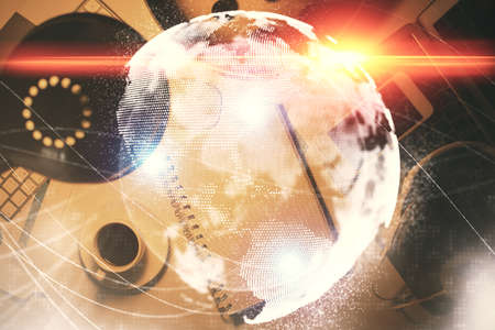 Multi exposure of business theme drawing and work table top veiw. Concept of international finance.の写真素材