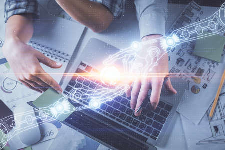 Double exposure of man and woman working together and data theme hologram drawing. Computer...