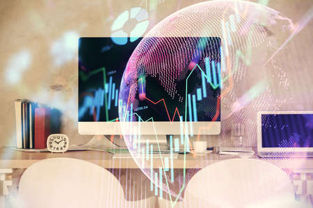 Multi exposure of stock market chart drawing and office interior background. Concept of financial...