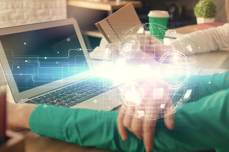 Double exposure of man and woman working together and social network theme hologram drawing. People...