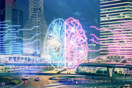 Brain hologram drawing on city scape background Double exposure. Brainstorming concept.