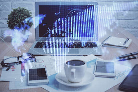 Double exposure of business theme icons and work space with computer background. Concept of success.
