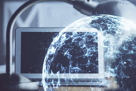 Computer on desktop with social network hologram. Double exposure. Concept of international people...