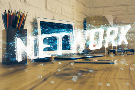 Double exposure of desktop with personal computer on background and tech theme drawing. Concept of...