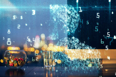 Multi exposure of desktop with computer on background and tech theme drawing. Concept of big data.