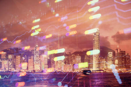 Data theme hologram drawing on city view with skyscrapers background double exposure. Ai concept.の写真素材
